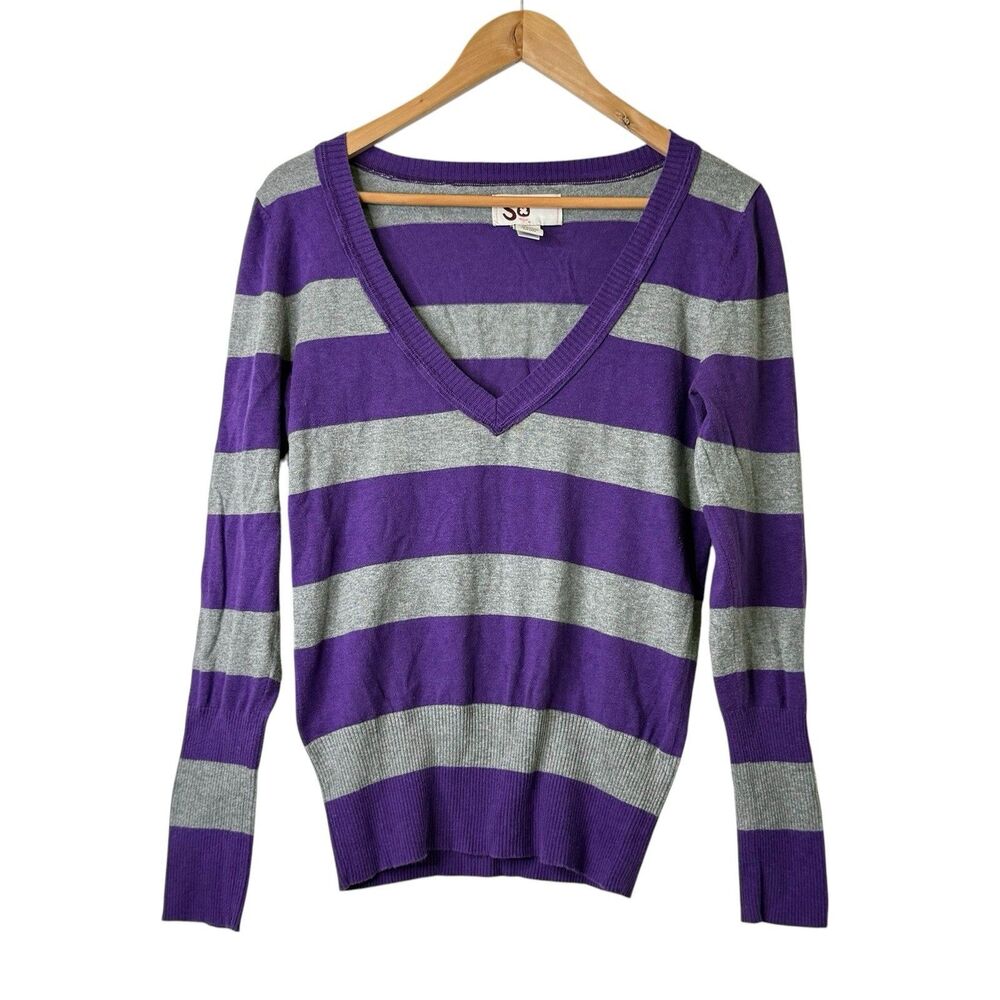 Y2K Vintage SO Striped V-Neck Sweater Junior L Purple Grey Ribbed Pullover Bella